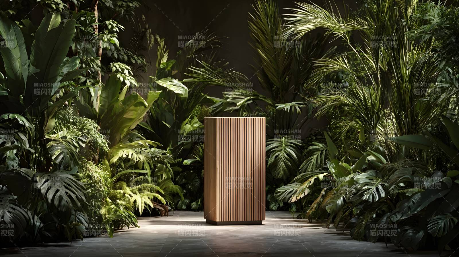 绿植环绕的木柱图片