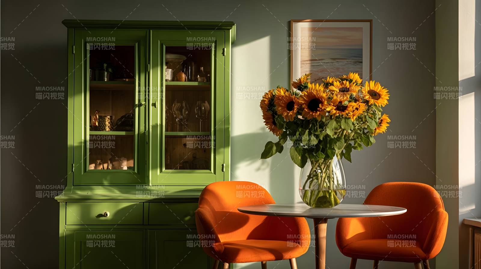 向日葵与绿柜静谧时光图片