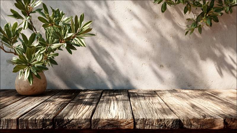 木桌绿植影图片