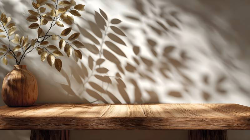 光影叶影木桌静谧图片