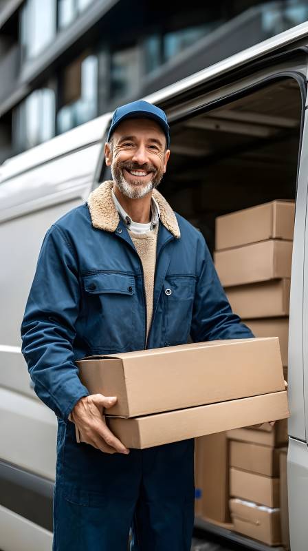 快递员微笑送包裹图片