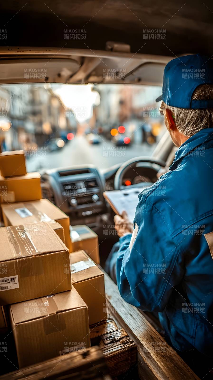 快递员车内整理包裹图片