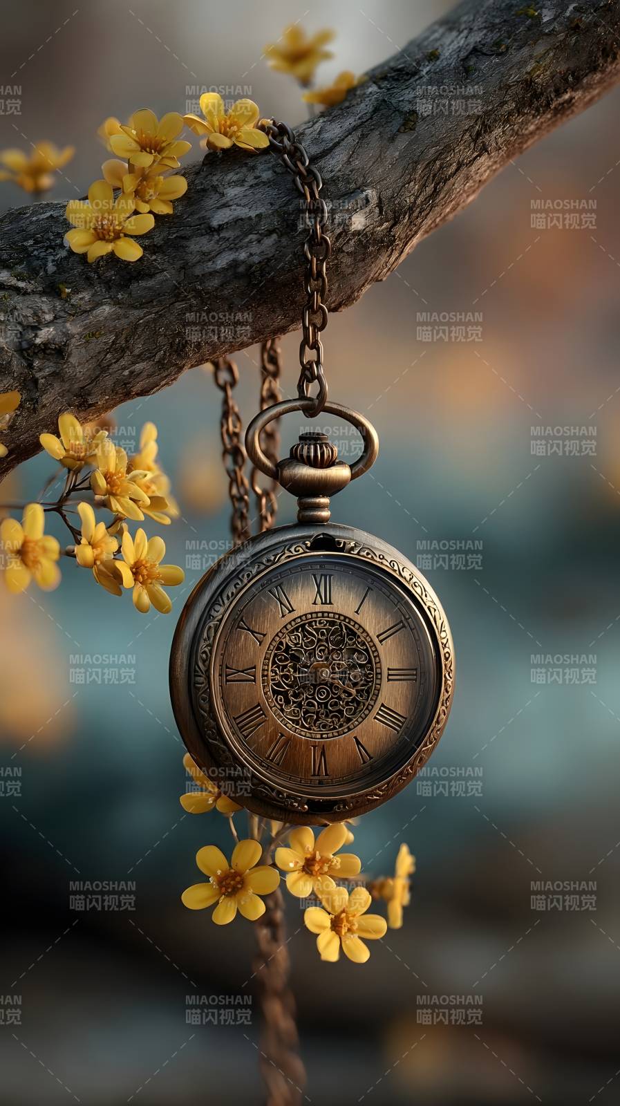 古钟悬枝花相伴图片