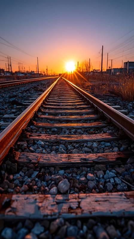 铁轨尽头的夕阳图片