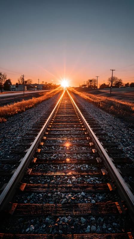 铁轨尽头的夕阳图片