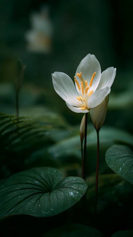 白花绽放绿叶间图片