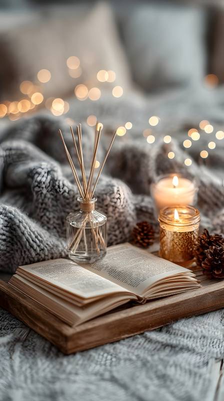 冬夜书香烛影图片