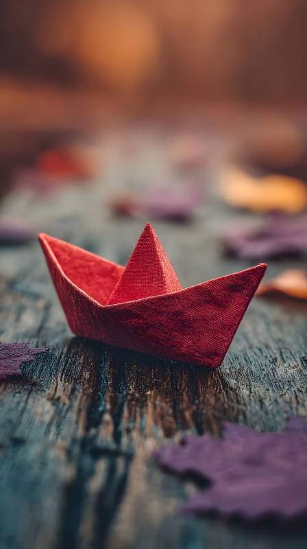 红纸船静卧秋叶间图片