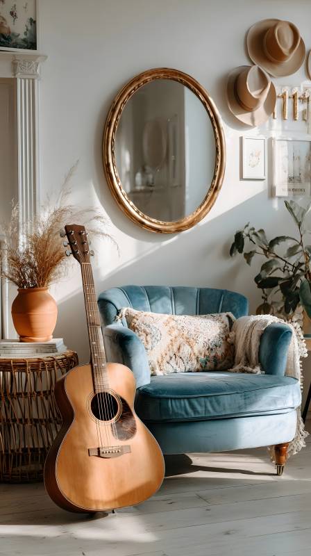 吉他与蓝椅的静谧角落图片