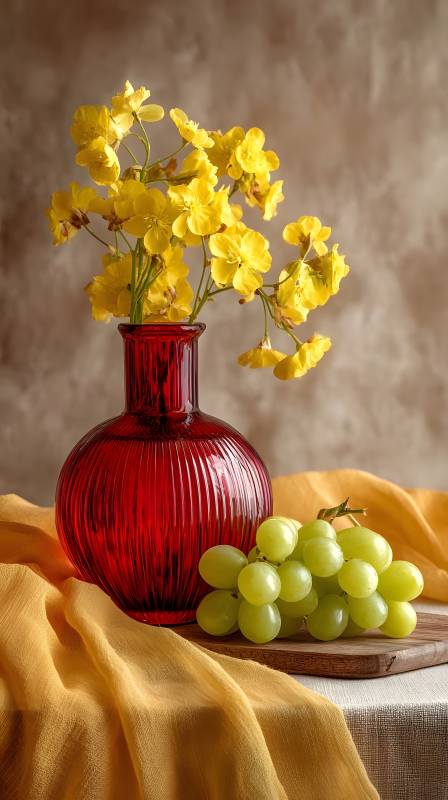 红瓶黄花伴绿葡萄图片