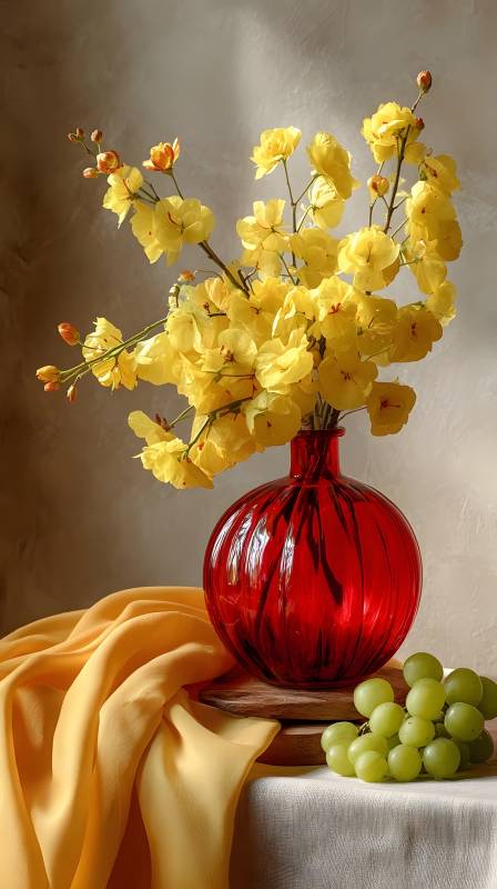 黄花红瓶静物图图片
