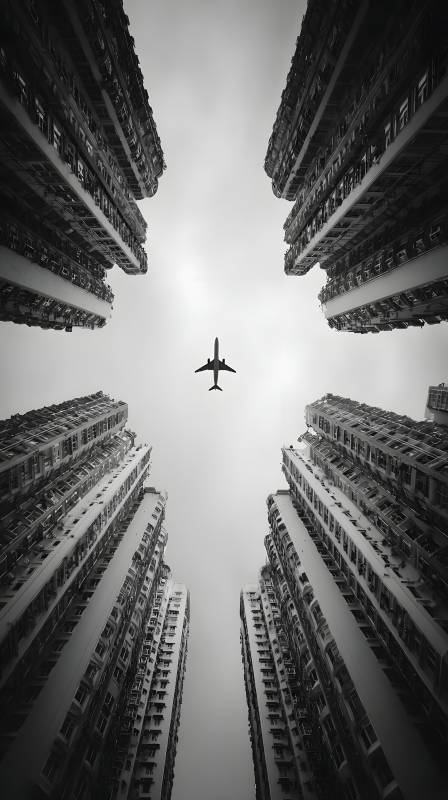 城市之巅 飞机掠过图片