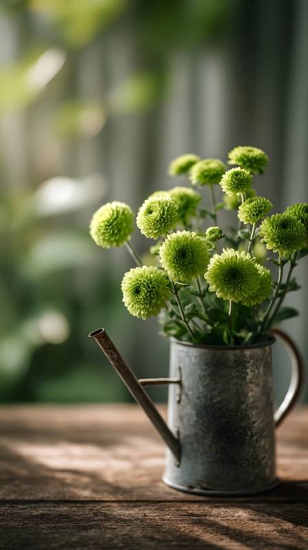 绿菊静置铁壶中图片