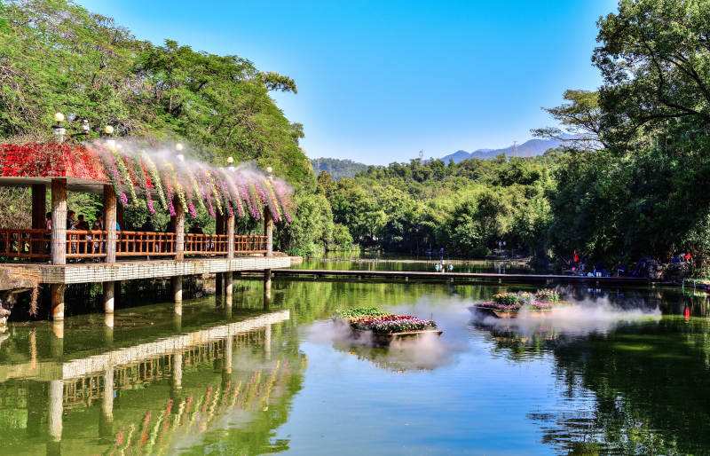 雾气缭绕的湖边廊亭与菊花装饰船图片