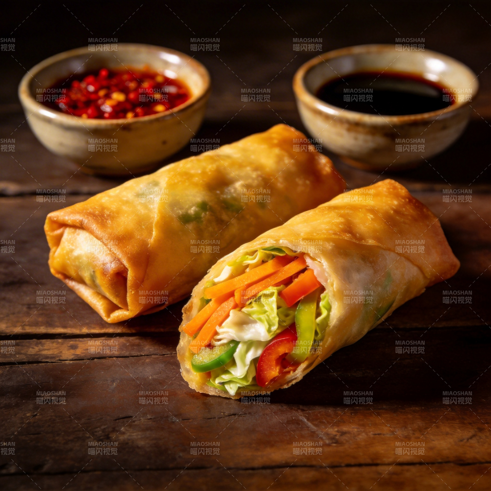 金黄春卷配酱料图片