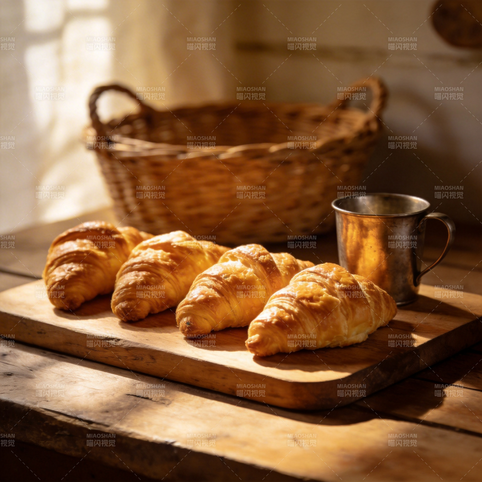 阳光下的新鲜牛角包图片