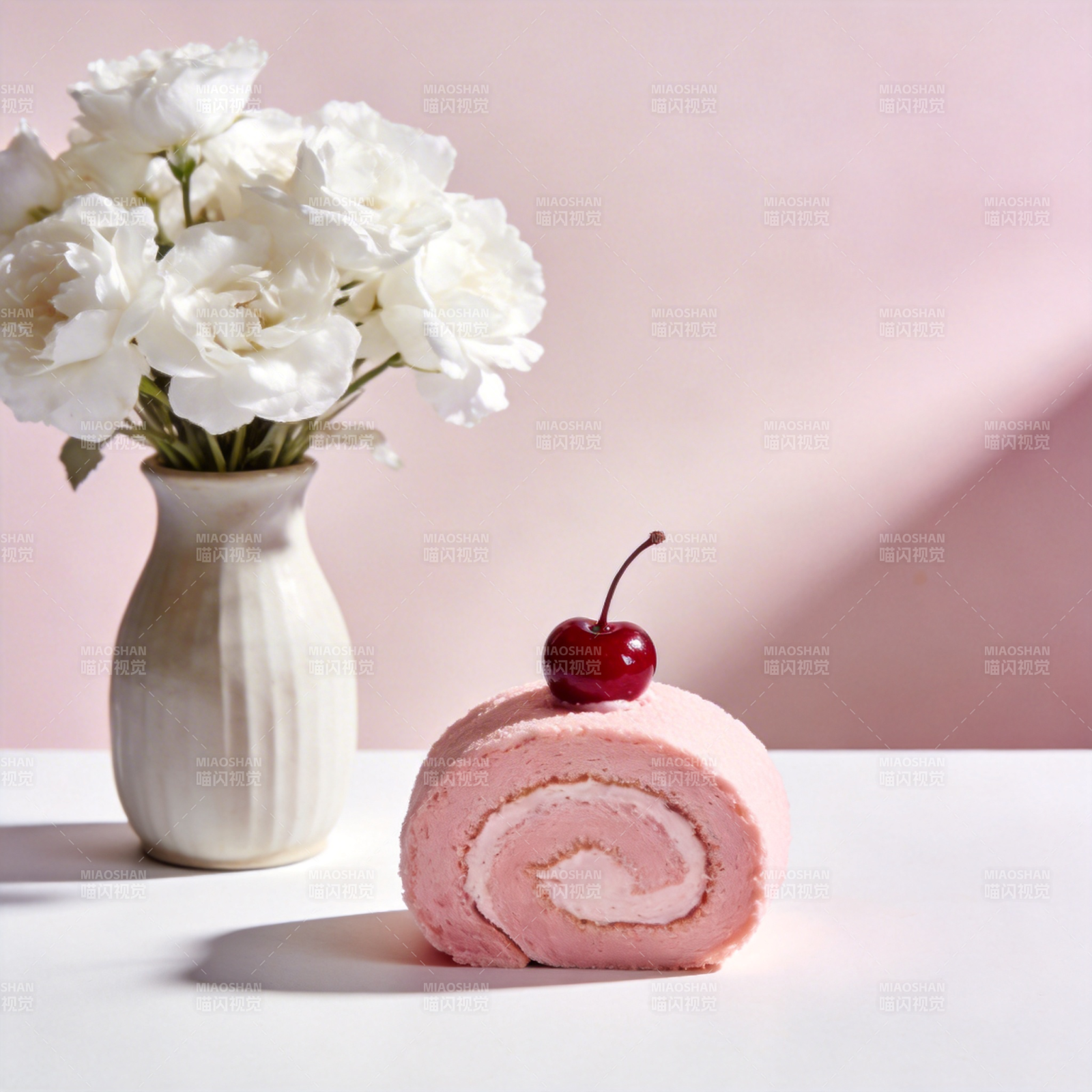 粉红蛋糕卷与白花图片