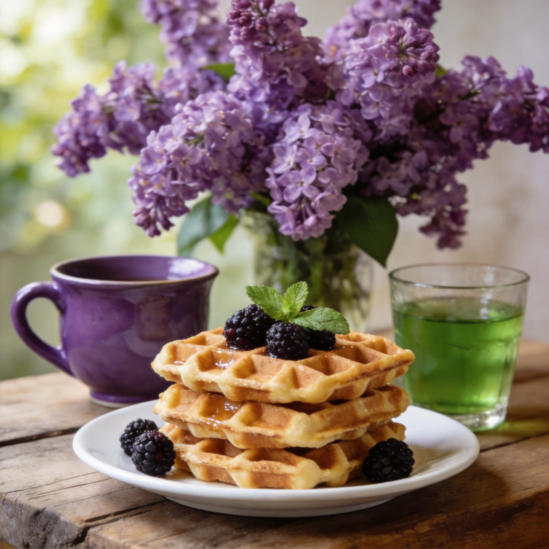 紫花旁的美味华夫饼图片