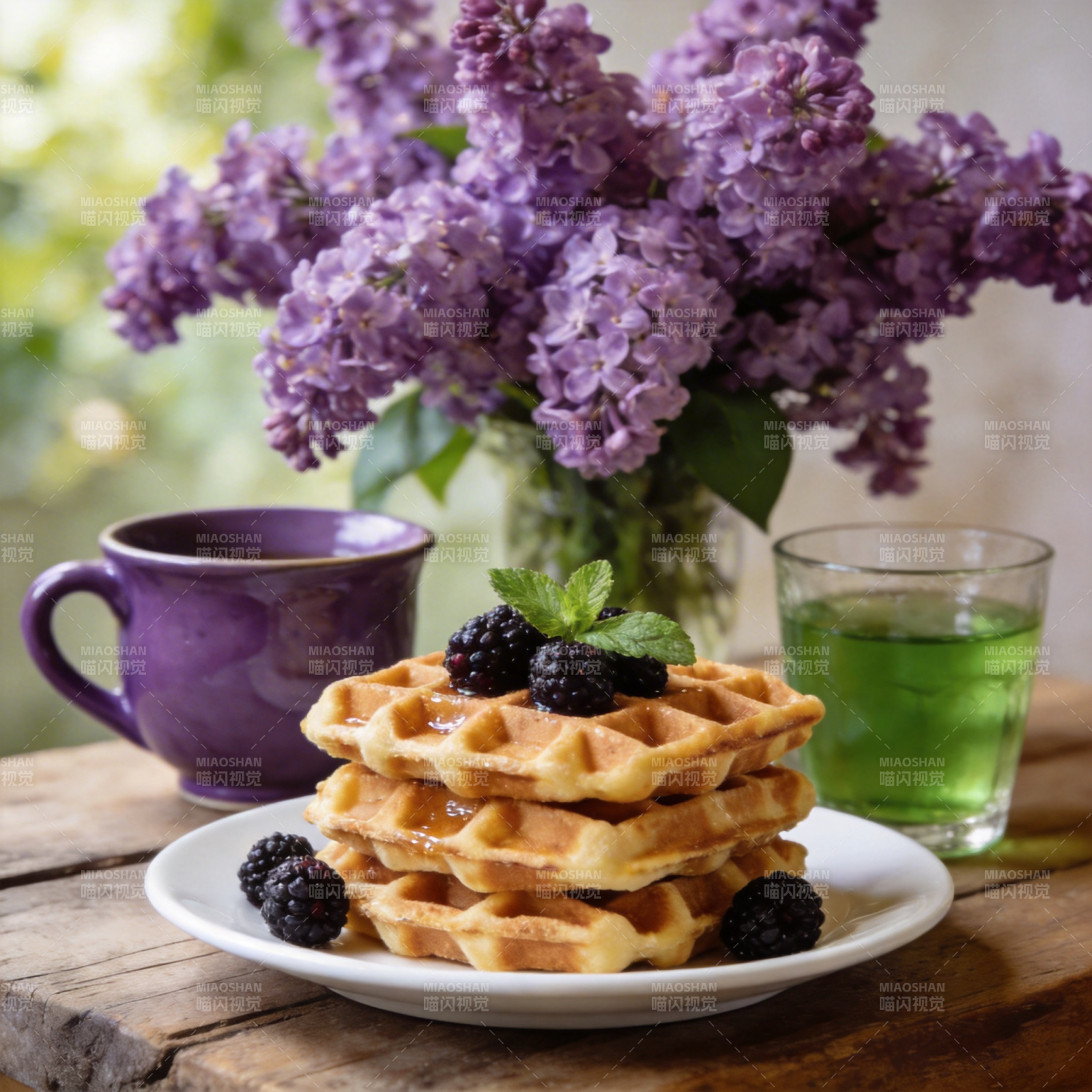 紫花旁的美味华夫饼图片