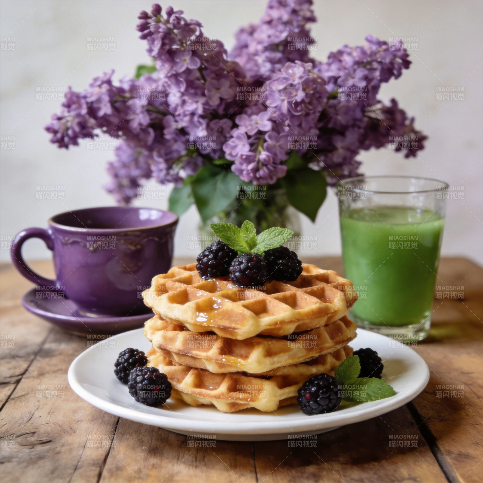 紫花旁的美味华夫饼图片