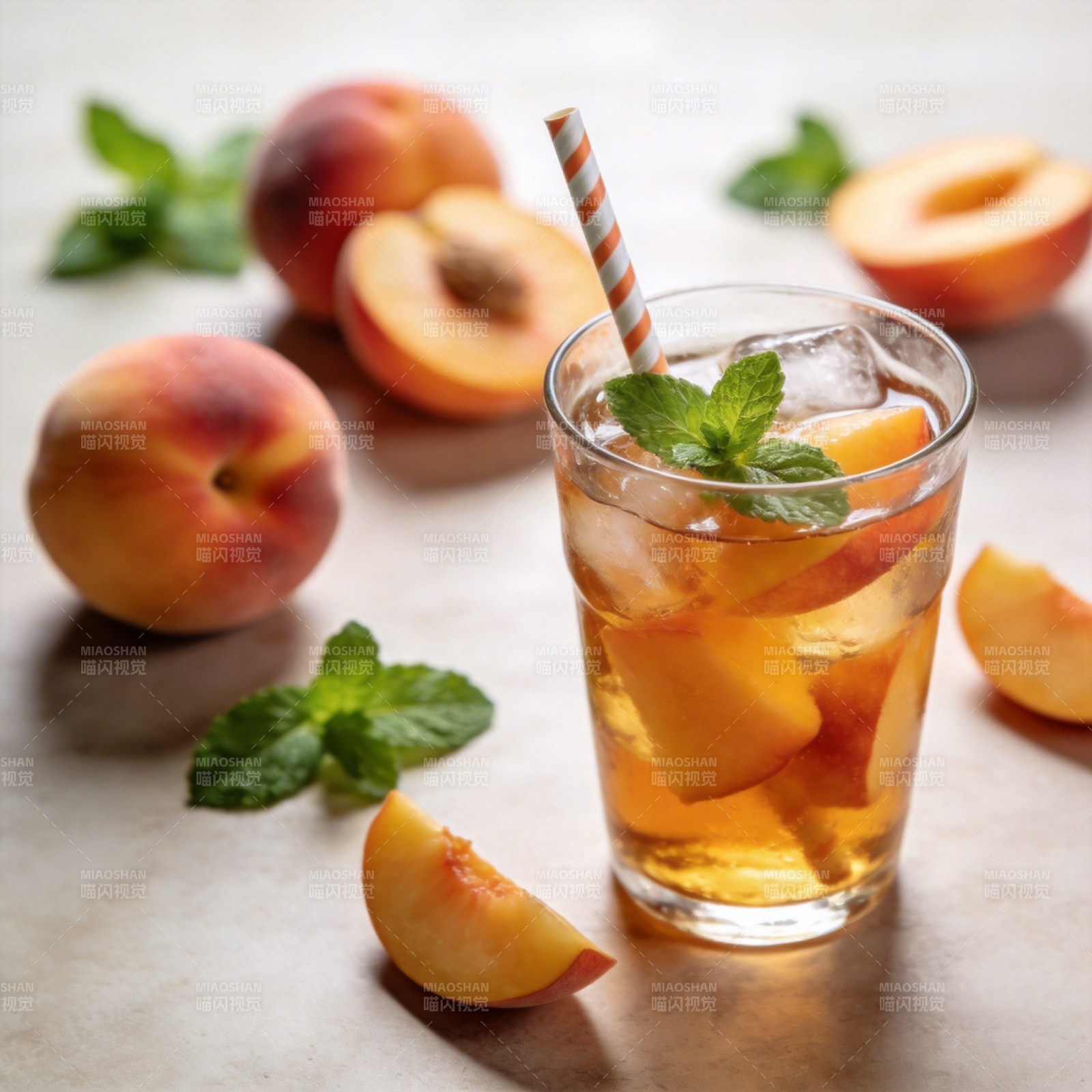 桃子薄荷冰饮图片