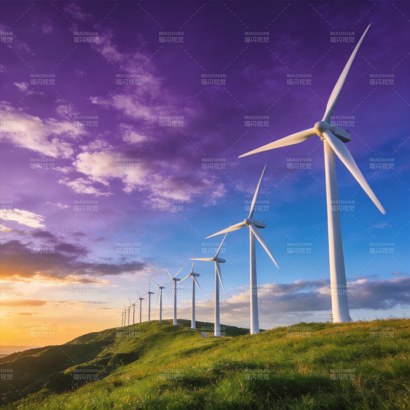 风车列阵迎朝阳图片