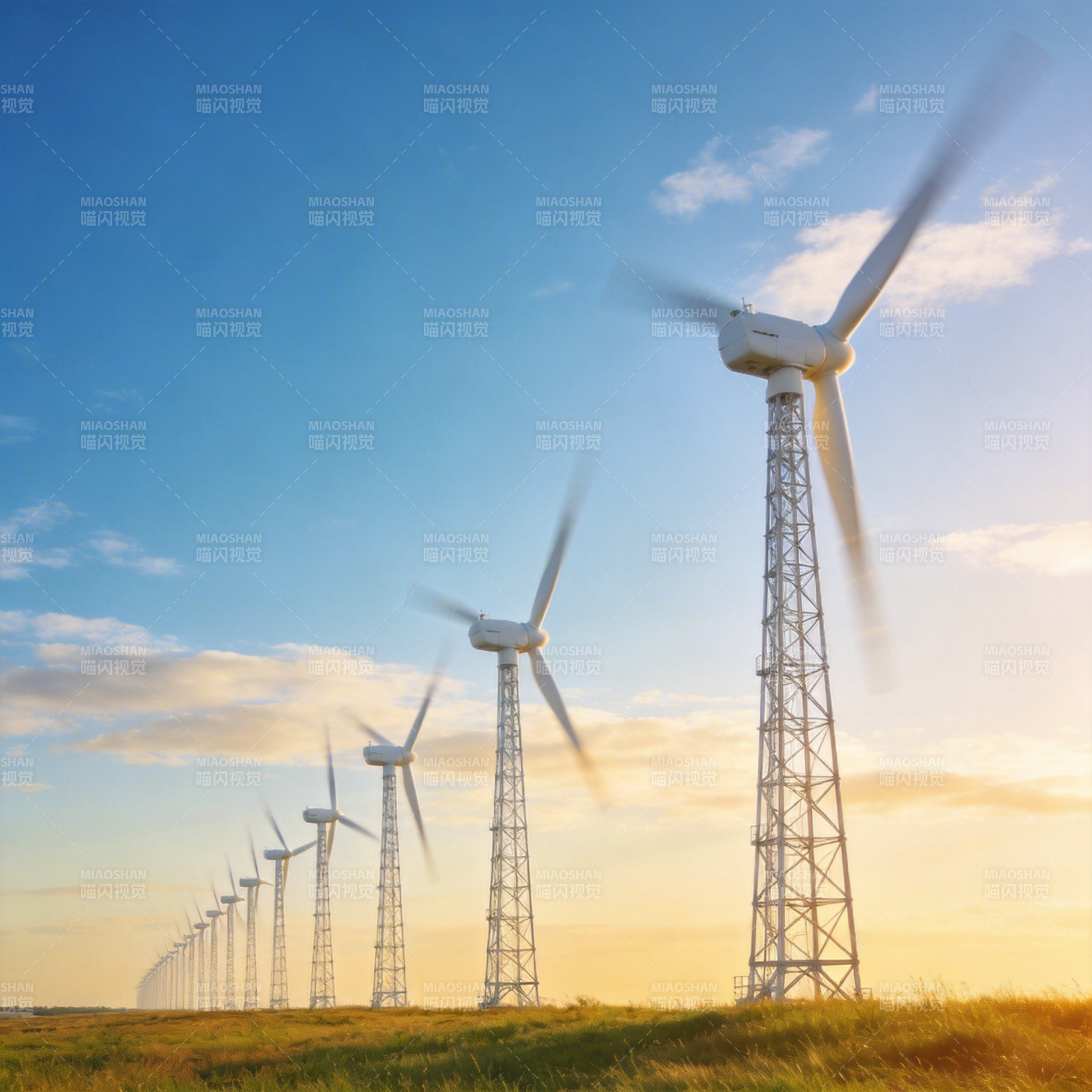 风车列阵迎朝阳图片
