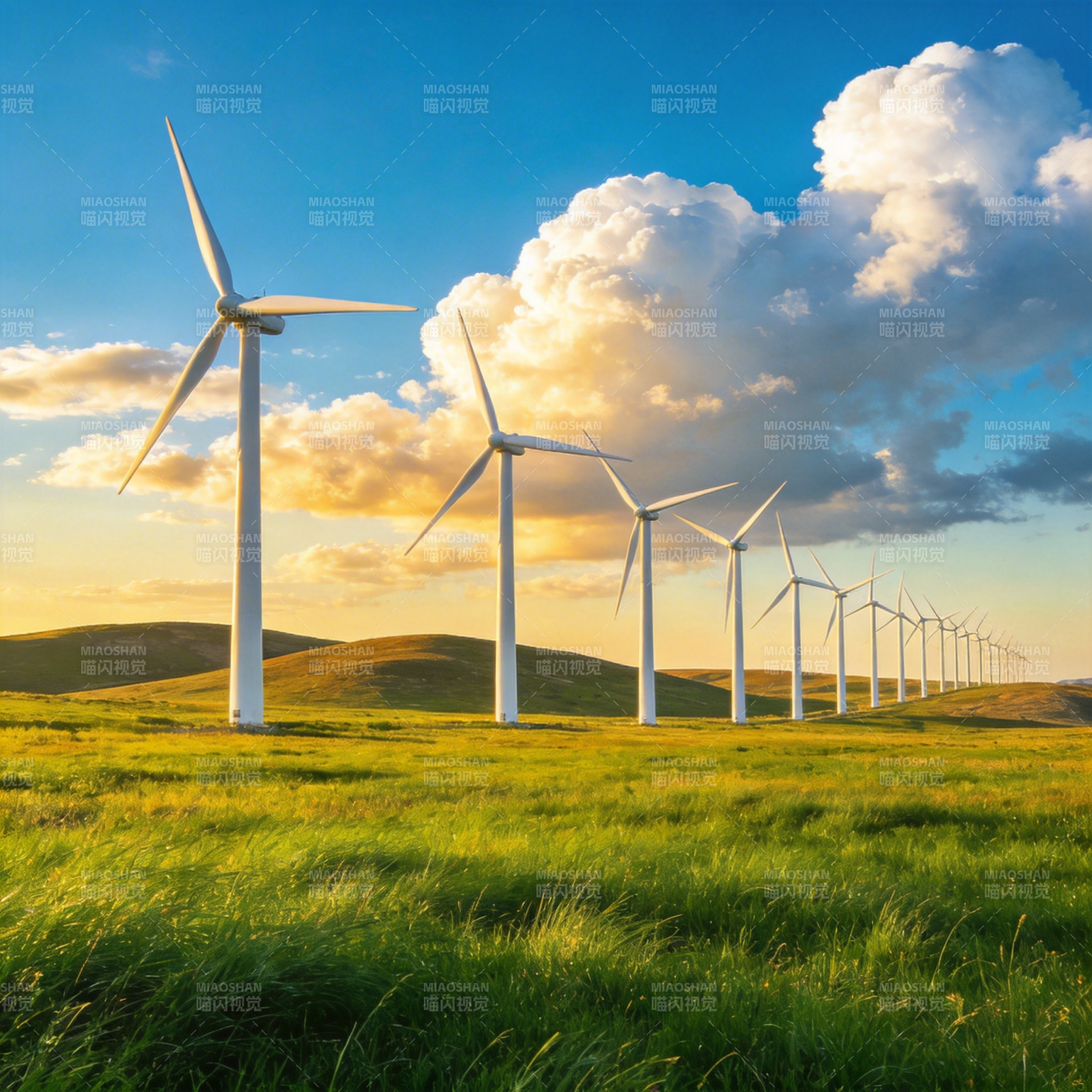 风车列阵迎朝阳图片