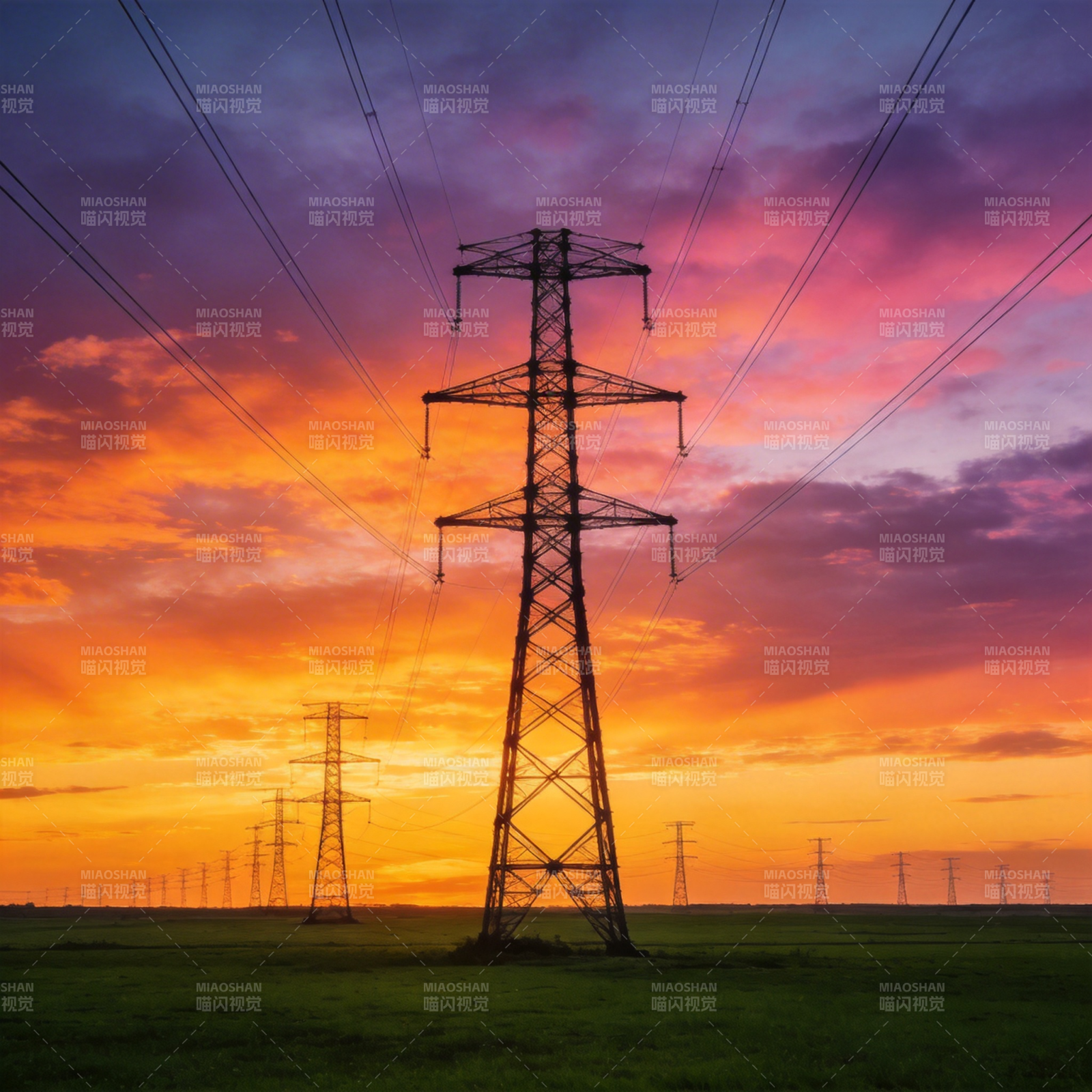 夕阳下的电力塔图片