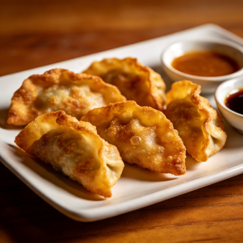 金黄煎饺配酱料图片