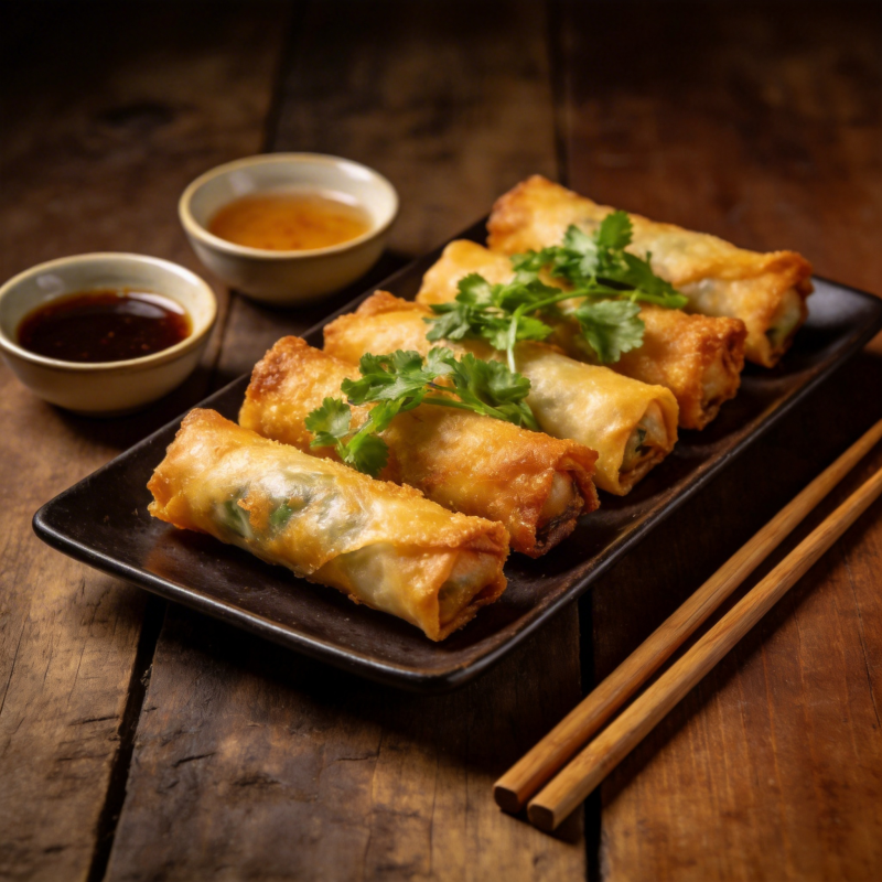 金黄春卷配酱料图片