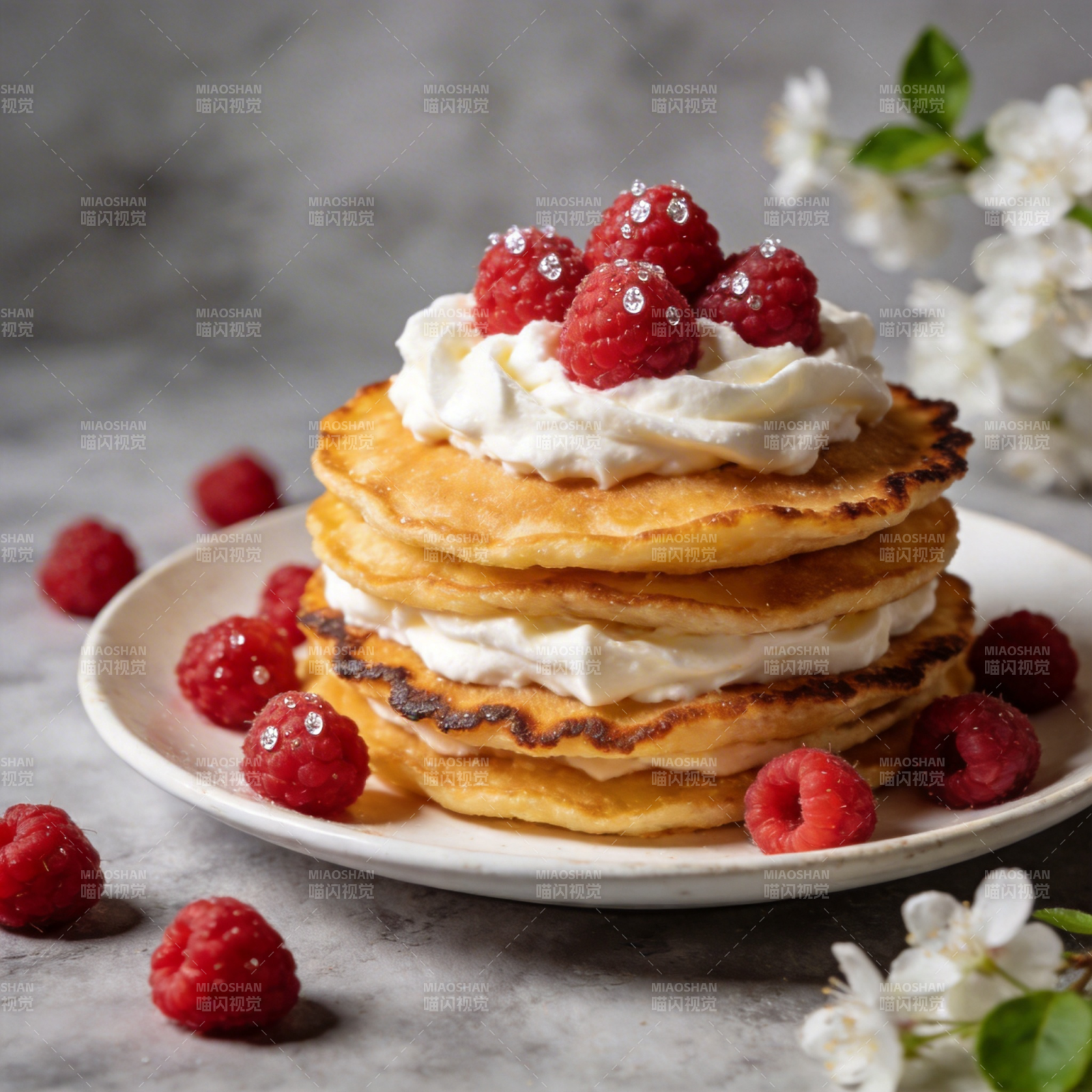 奶油覆盆子煎饼图片