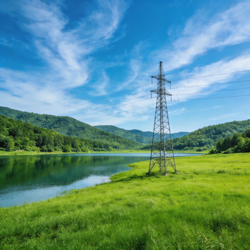湖畔电塔绿野图片