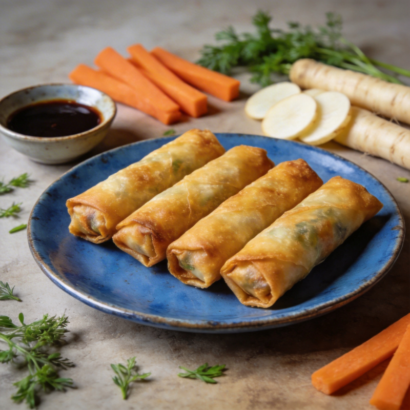 金黄春卷配蔬菜图片