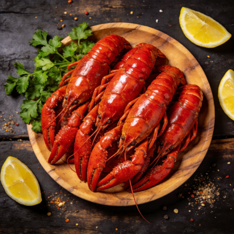 鲜红小龙虾配柠檬图片