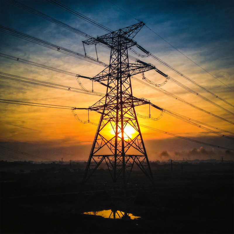 夕阳下的电塔剪影图片