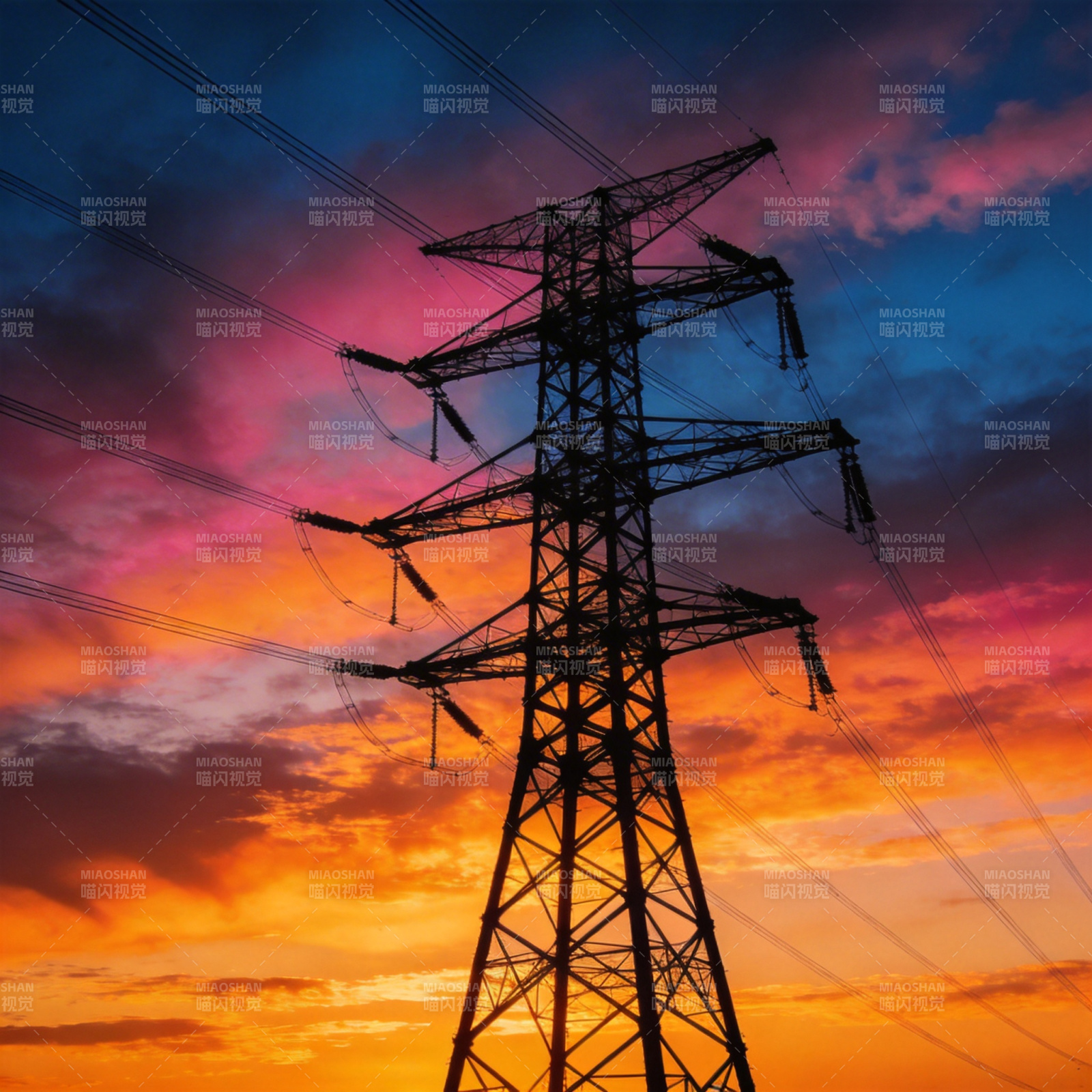 电塔剪影映晚霞图片