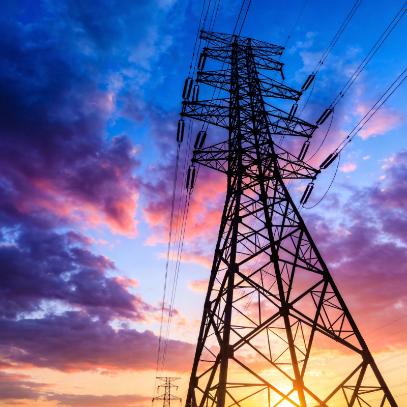 电塔剪影映晚霞图片