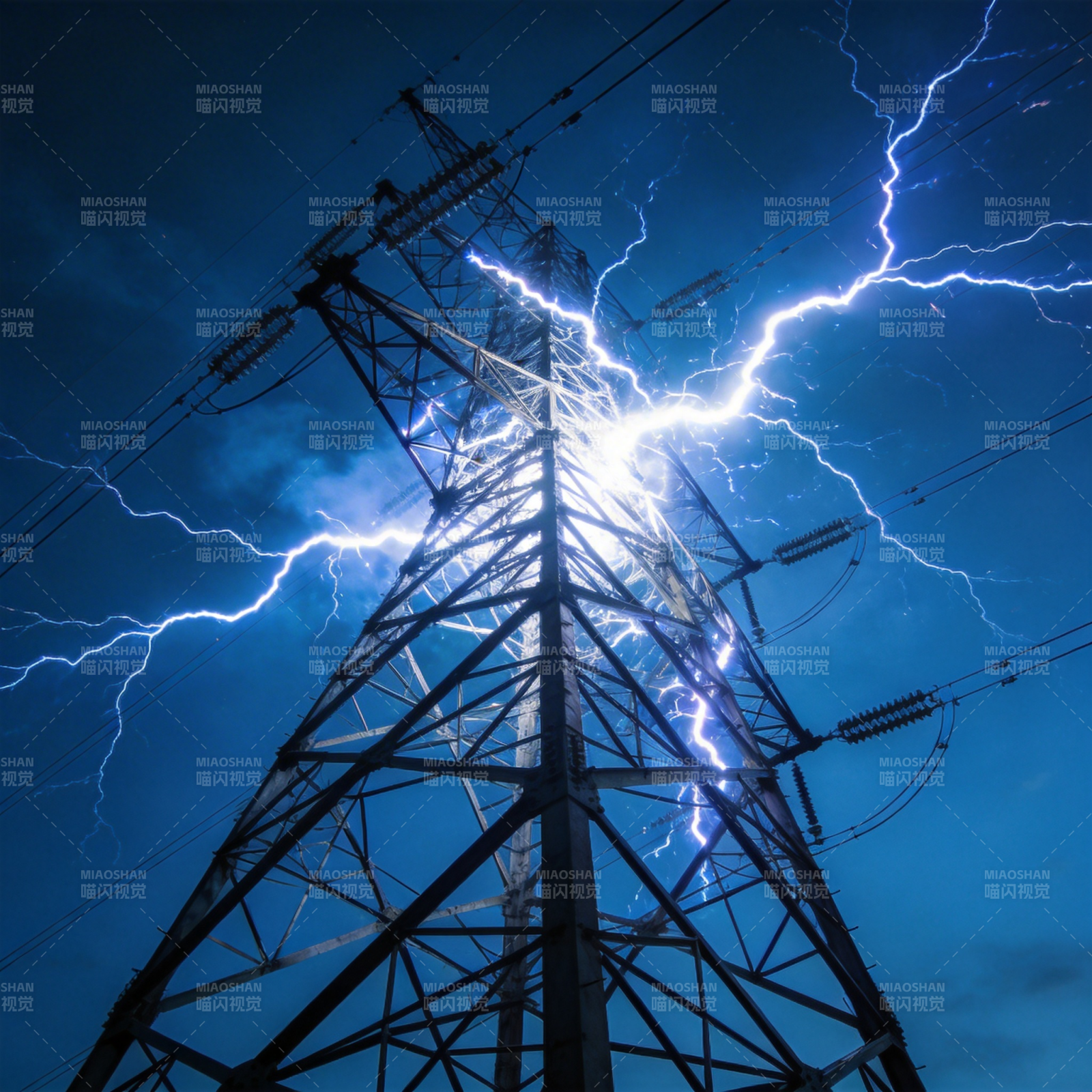 闪电击中高压电塔图片