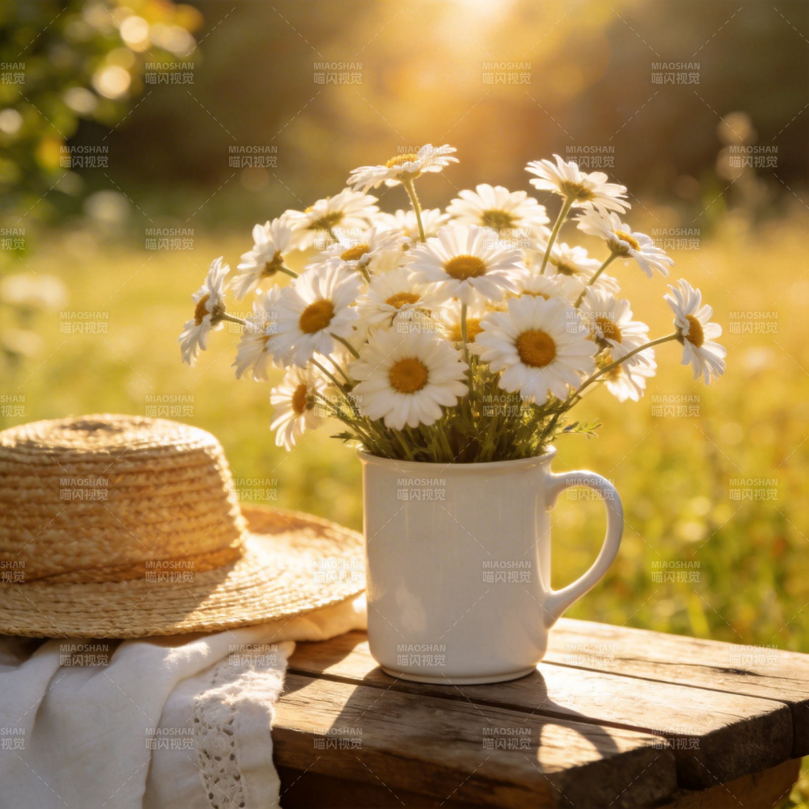 雏菊与草帽的午后图片