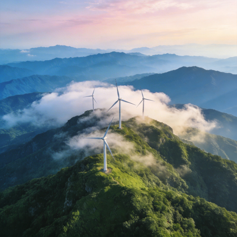 山巅风车云海图片