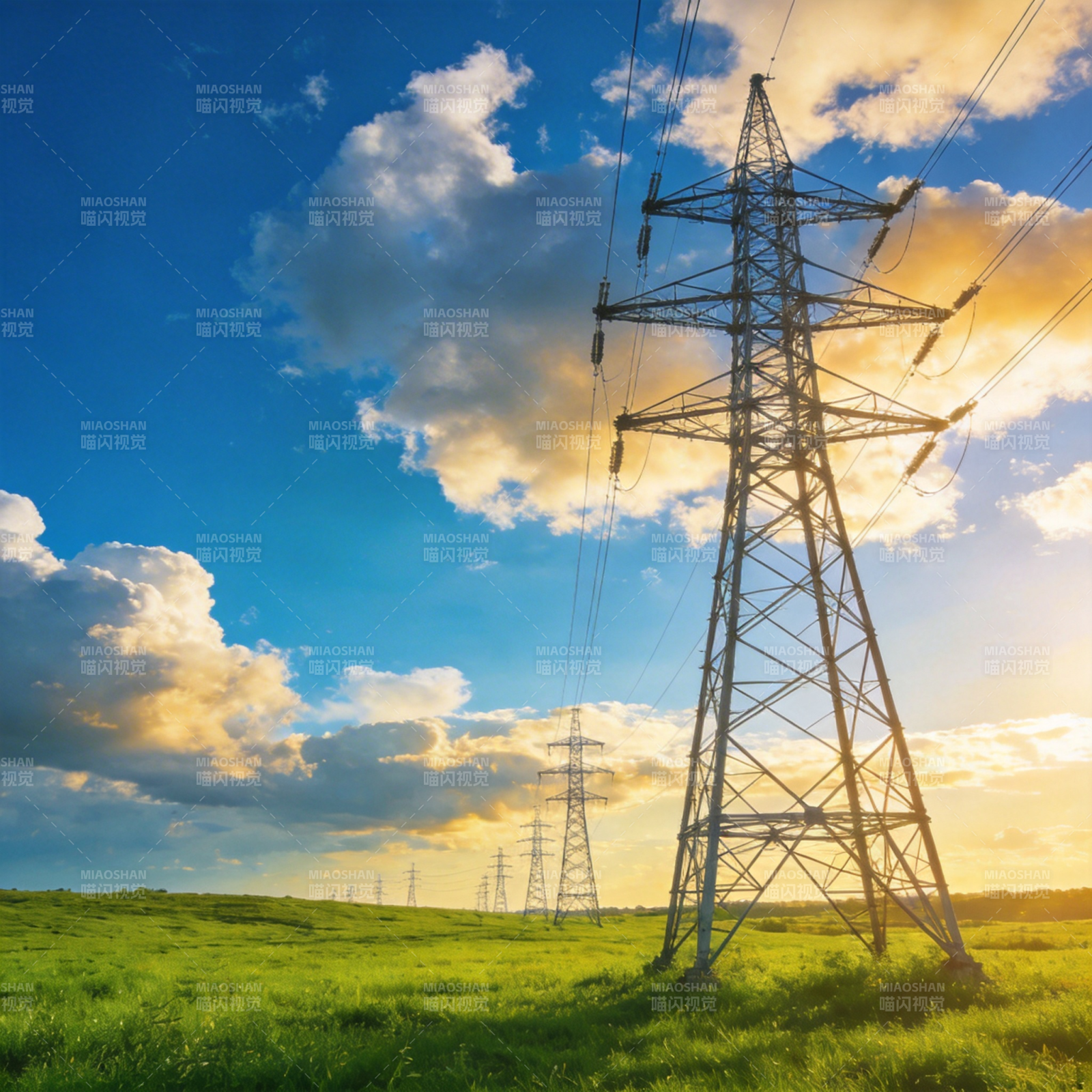 电力塔与蓝天绿地图片