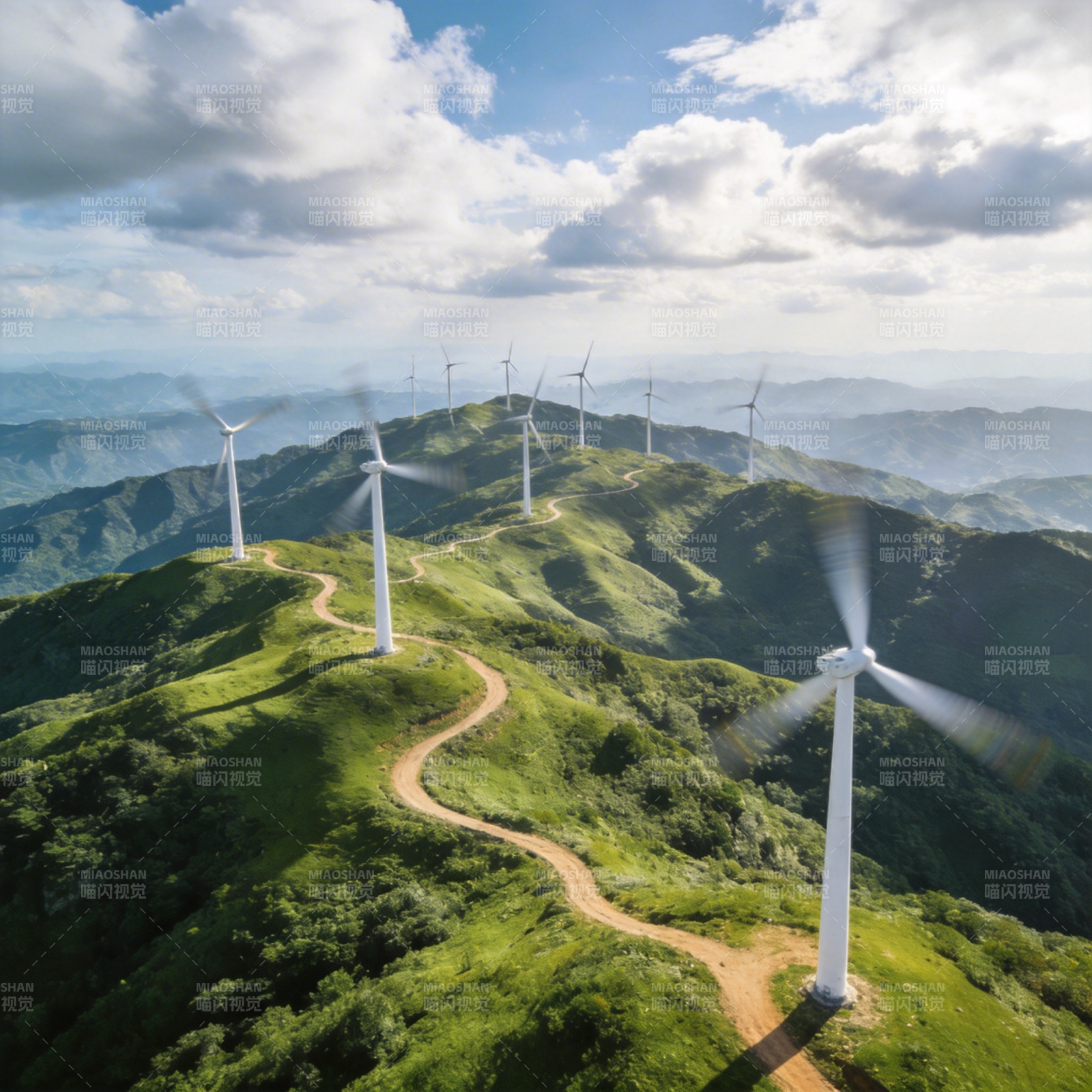 山巅风车绿意盎然图片