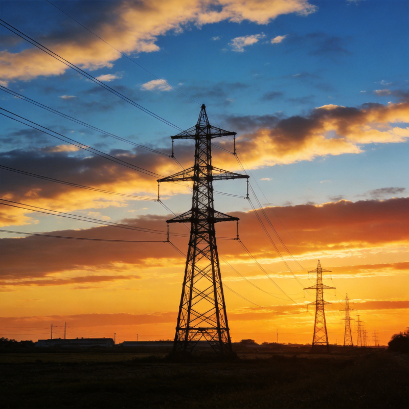 夕阳下的电力塔图片