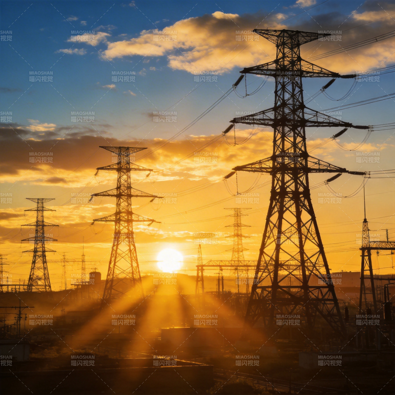 夕阳下的电力塔图片