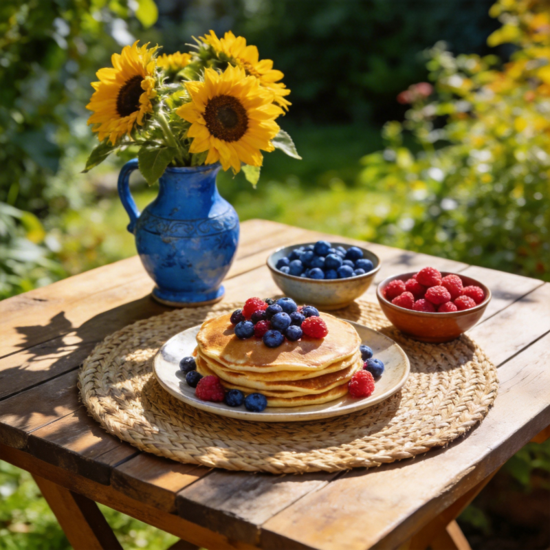 花园早餐 煎饼与花图片