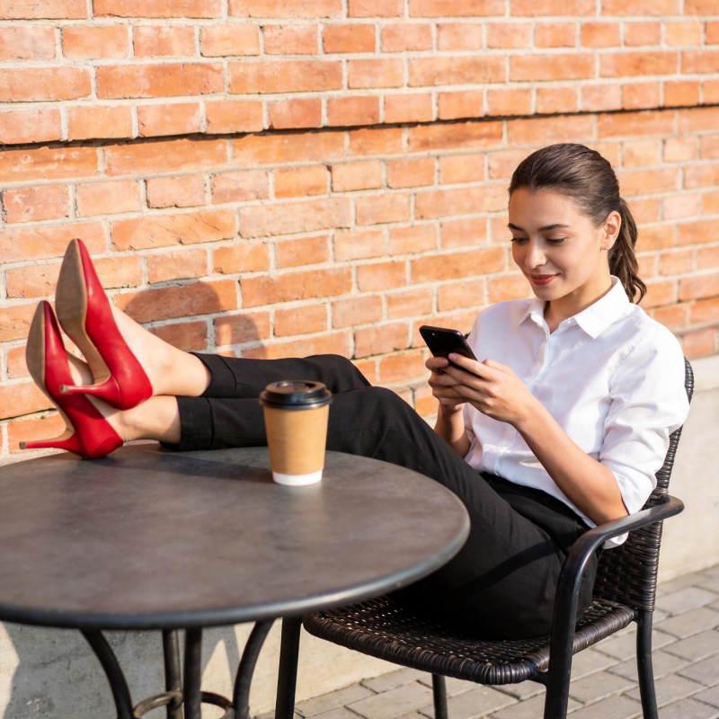 红鞋女子品咖啡图片