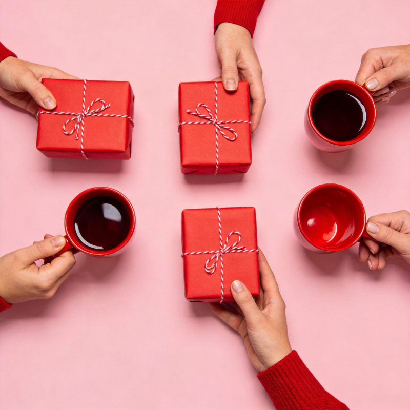 红礼盒与咖啡杯图片