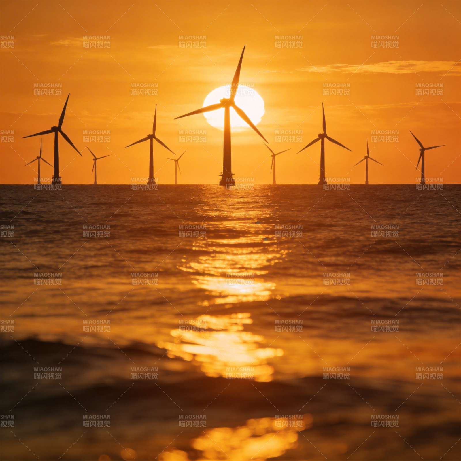 海上风车日落图片