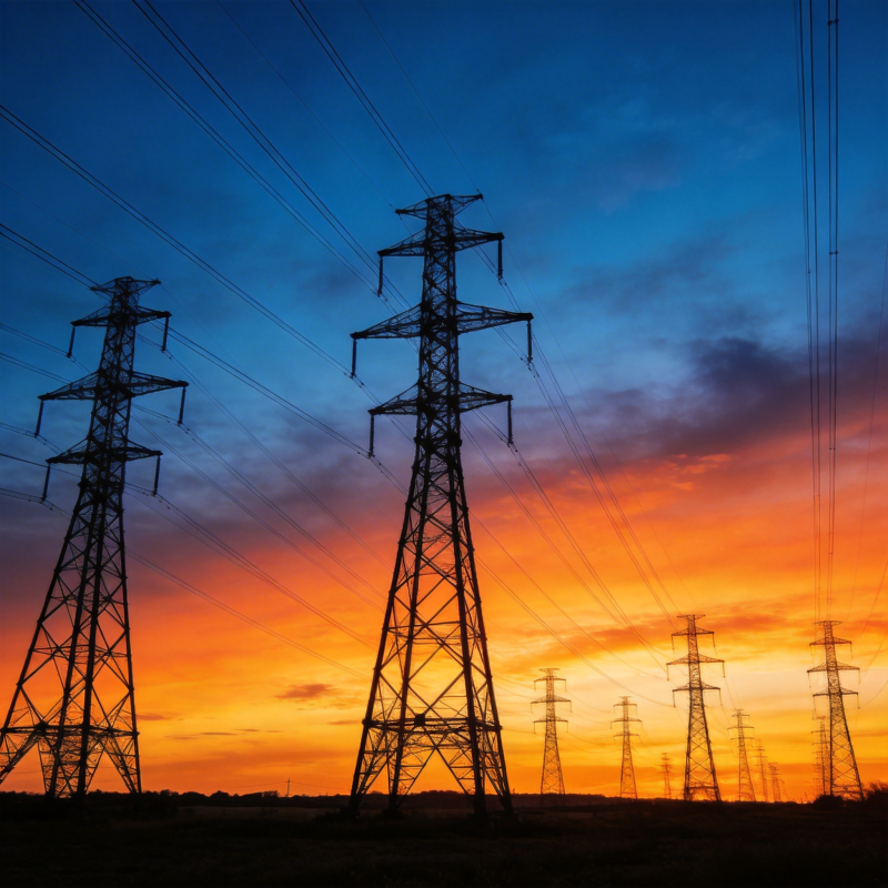 电塔剪影映晚霞图片